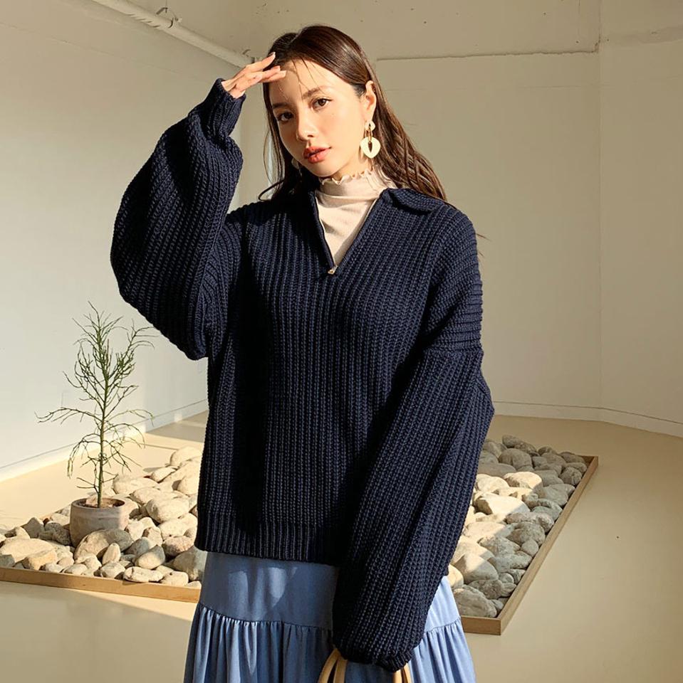 ハーフジップカラーニット・全4色・t66117 レディース 【tops】【トップス ニット ニットトップス ハーフジップ 長袖 単色 無地 シンプル カジュアル ラフ 秋 冬 韓国 ファッション】【ハイホリHIHOLLI】