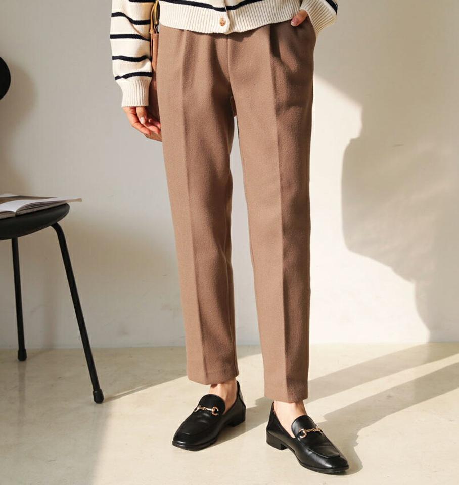 ウール混スリムスラックス・全3色・b62534 レディース 【pt】【韓国 ファッション ボトムス パンツ ロング ロングパンツ ウール スリム フィット ウエストゴム サイドポケット タック あたたかい 体型カバー カジュアル 秋 冬】