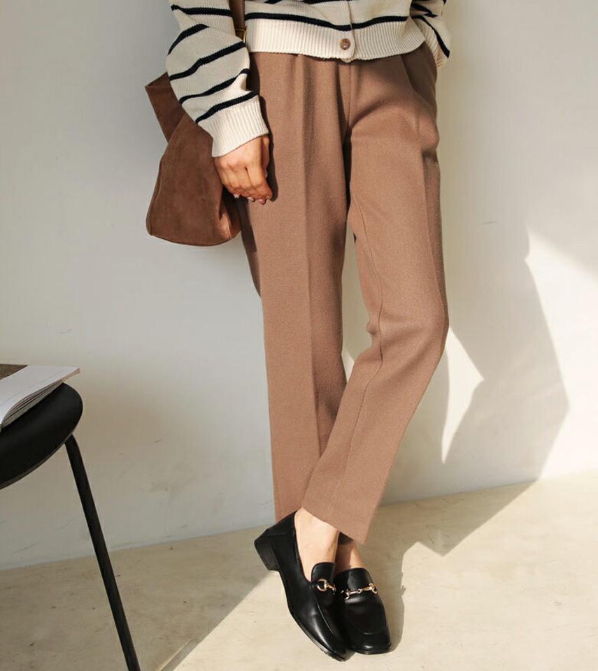 ウール混スリムスラックス・全3色・b62534 レディース 【pt】【韓国 ファッション ボトムス パンツ ロング ロングパンツ ウール スリム フィット ウエストゴム サイドポケット タック あたたかい 体型カバー カジュアル 秋 冬】