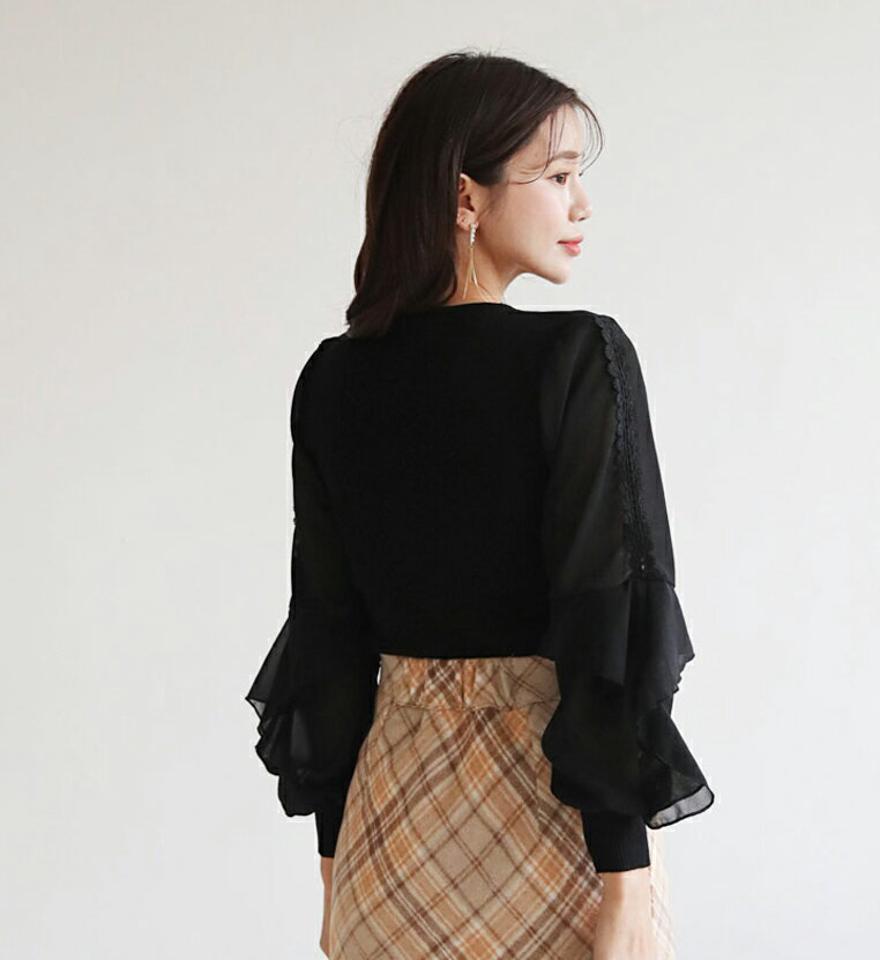 フリルシアースリーブニット・全2色・b62555 レディース 【tops】【韓国 ファッション トップス ニットフリル シアー スリーブ ラウンドネック シースルー 長袖 ぼわん袖 デイリー 無地 ベーシック 異素材 ミックス 大人 上品 カジュアル 秋 冬】