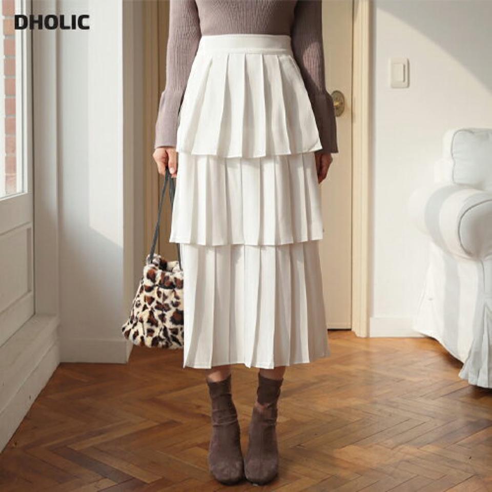ティアードプリーツスカート・全2色・t62507 レディース 【sk】【韓国 ファッション ボトムス スカート ロング ロングカート ティアード プリーツ プリーツスカート ウエストゴム ボリューム　サイドファスナー 上品 エレガンス カジュアル 秋 冬】