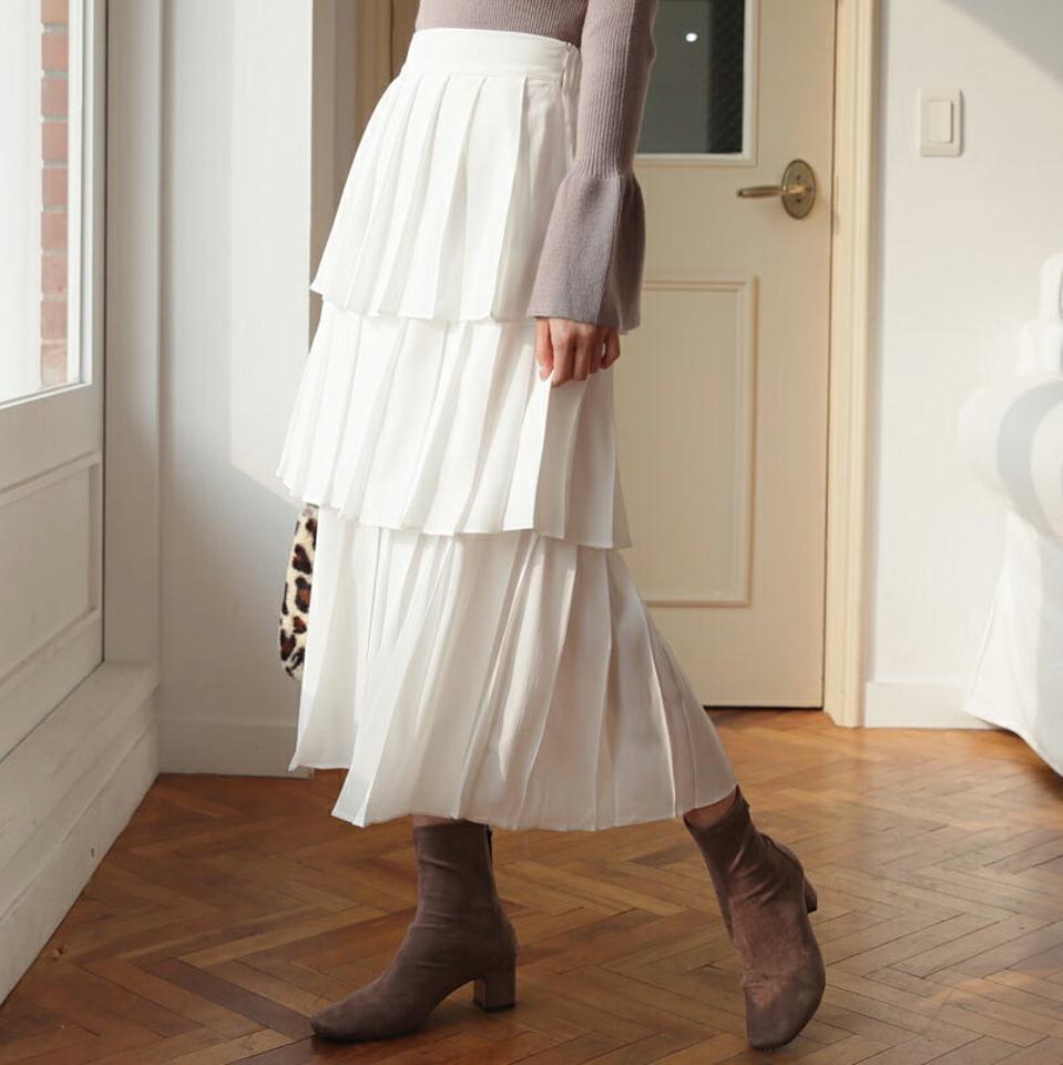 ティアードプリーツスカート・全2色・t62507 レディース 【sk】【韓国 ファッション ボトムス スカート ロング ロングカート ティアード プリーツ プリーツスカート ウエストゴム ボリューム　サイドファスナー 上品 エレガンス カジュアル 秋 冬】