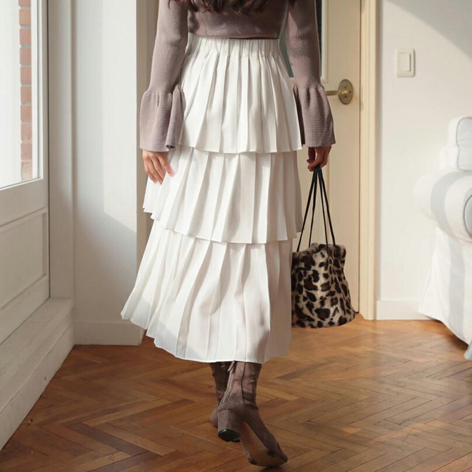ティアードプリーツスカート・全2色・t62507 レディース 【sk】【韓国 ファッション ボトムス スカート ロング ロングカート ティアード プリーツ プリーツスカート ウエストゴム ボリューム　サイドファスナー 上品 エレガンス カジュアル 秋 冬】