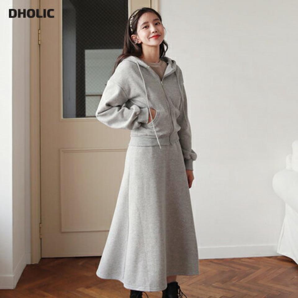 裏起毛フードジップアップ&スカートSET・全3色・b62551 レディース 【ops】【韓国 ファッション セットアップ 長袖 ロング 裏起毛 フード ジップアップ スカート 保温性 ファスナー ストリングフード ポケット ウエストゴム フレア カジュアル 秋 冬】