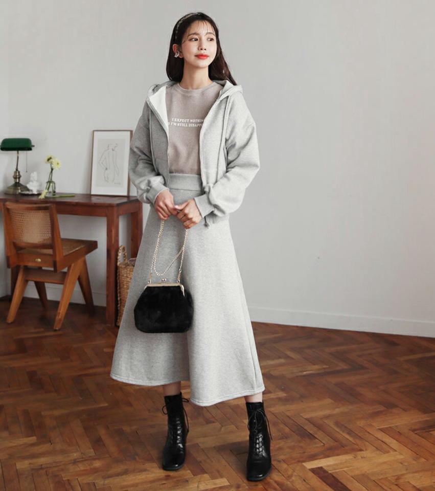 裏起毛フードジップアップ&スカートSET・全3色・b62551 レディース 【ops】【韓国 ファッション セットアップ 長袖 ロング 裏起毛 フード ジップアップ スカート 保温性 ファスナー ストリングフード ポケット ウエストゴム フレア カジュアル 秋 冬】