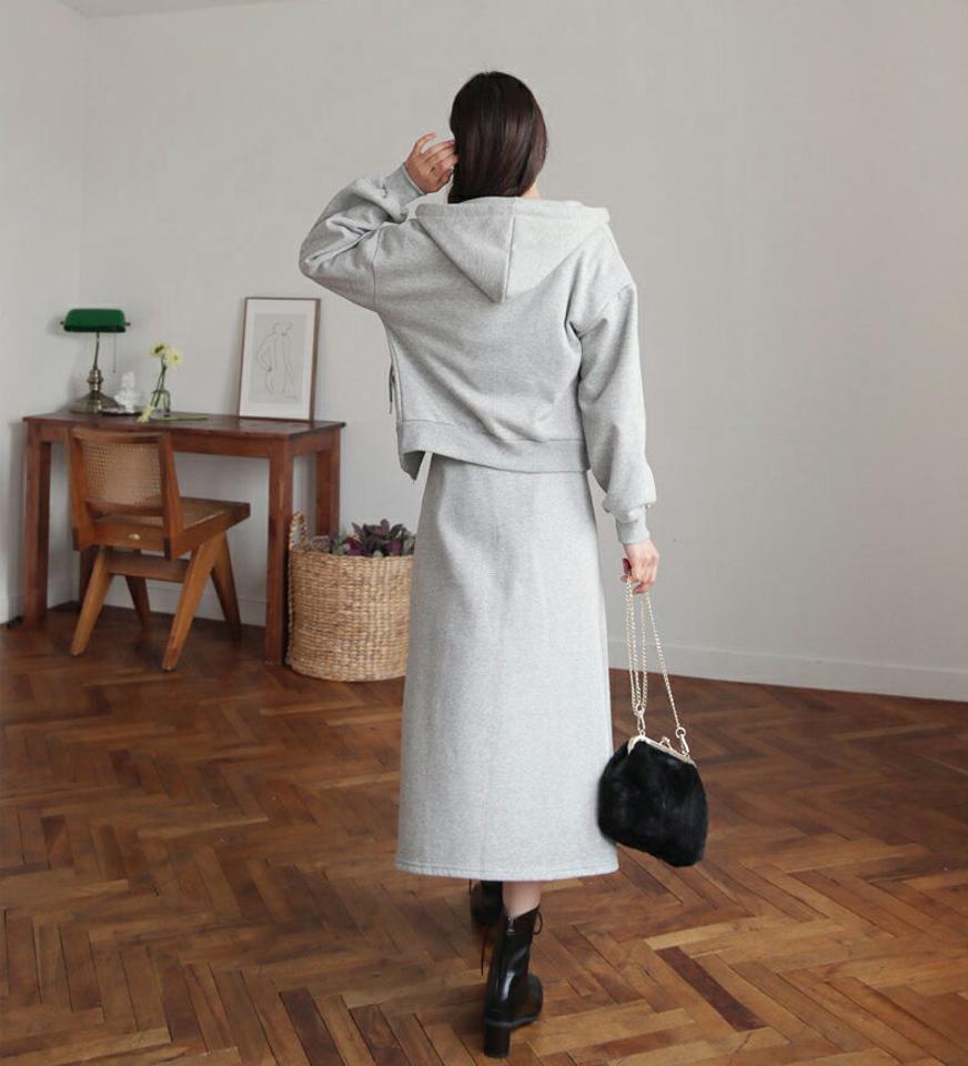 裏起毛フードジップアップ&スカートSET・全3色・b62551 レディース 【ops】【韓国 ファッション セットアップ 長袖 ロング 裏起毛 フード ジップアップ スカート 保温性 ファスナー ストリングフード ポケット ウエストゴム フレア カジュアル 秋 冬】