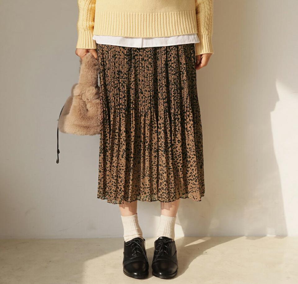 レオパードプリーツスカート・全3色・t62540 レディース 【sk】【韓国 ファッション ボトムス スカート ロング ロングカート レオパード プリーツスカート ウエストゴム プリーツ 体型カバー スリム 上品 デイリー Aライン カジュアル 秋 冬】
