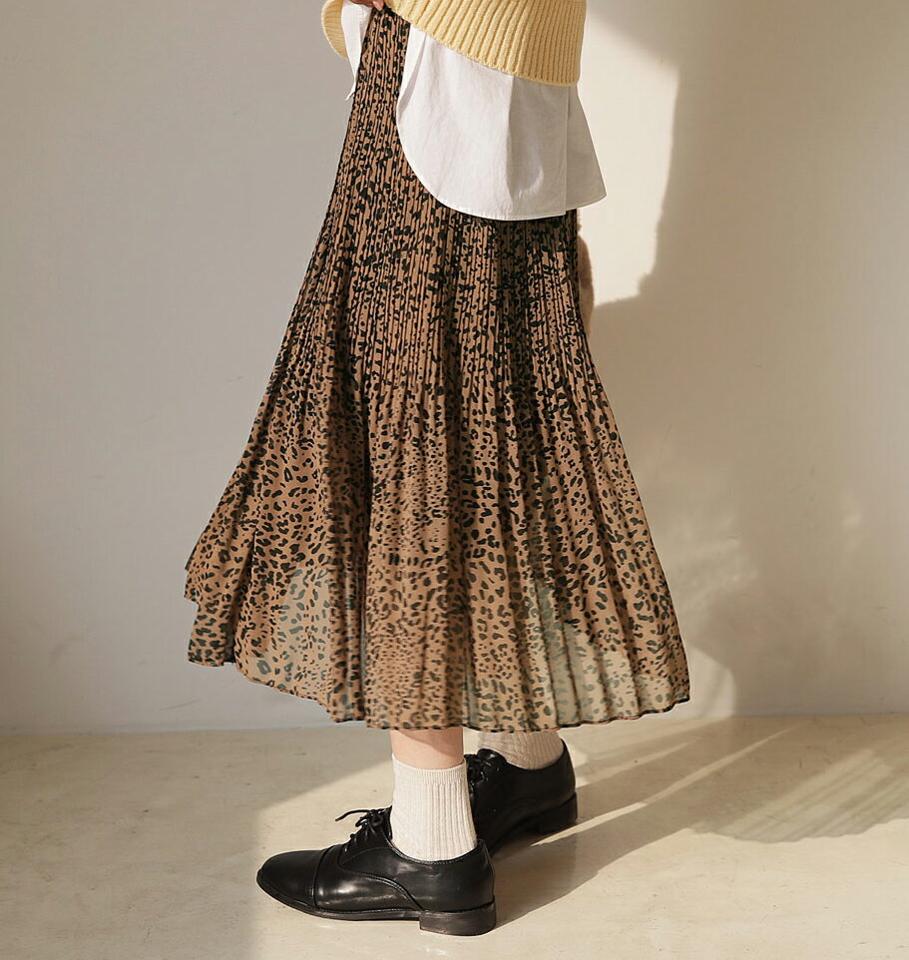 レオパードプリーツスカート・全3色・t62540 レディース 【sk】【韓国 ファッション ボトムス スカート ロング ロングカート レオパード プリーツスカート ウエストゴム プリーツ 体型カバー スリム 上品 デイリー Aライン カジュアル 秋 冬】