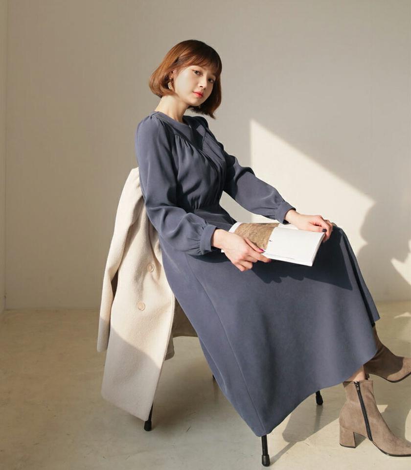 ギャザーリボンワンピース・全3色・t62550 レディース 【ops】【韓国 ファッション ワンピース ロング ロングワンピス 長袖 ギャザー リボンワンピース ラウンドネック バックファスナー ウエストリボン Aライン ボリューム カジュアル 秋 冬】