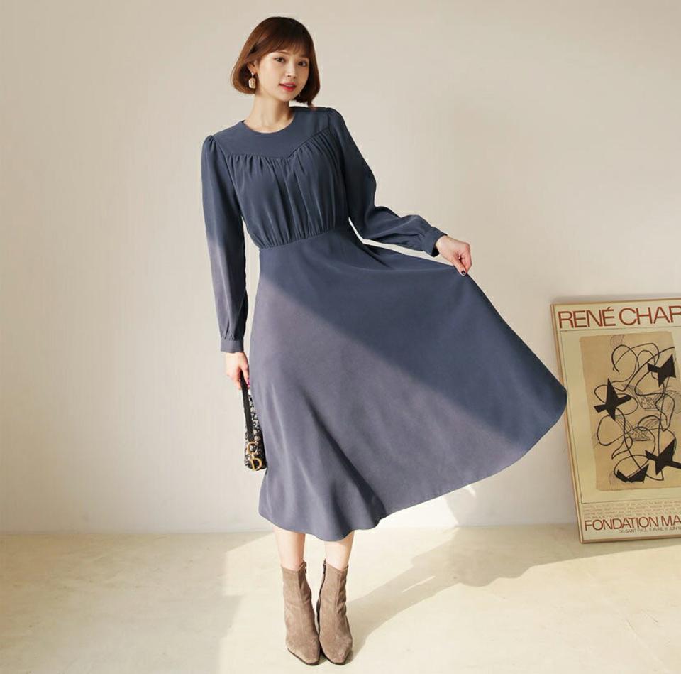 ギャザーリボンワンピース・全3色・t62550 レディース 【ops】【韓国 ファッション ワンピース ロング ロングワンピス 長袖 ギャザー リボンワンピース ラウンドネック バックファスナー ウエストリボン Aライン ボリューム カジュアル 秋 冬】