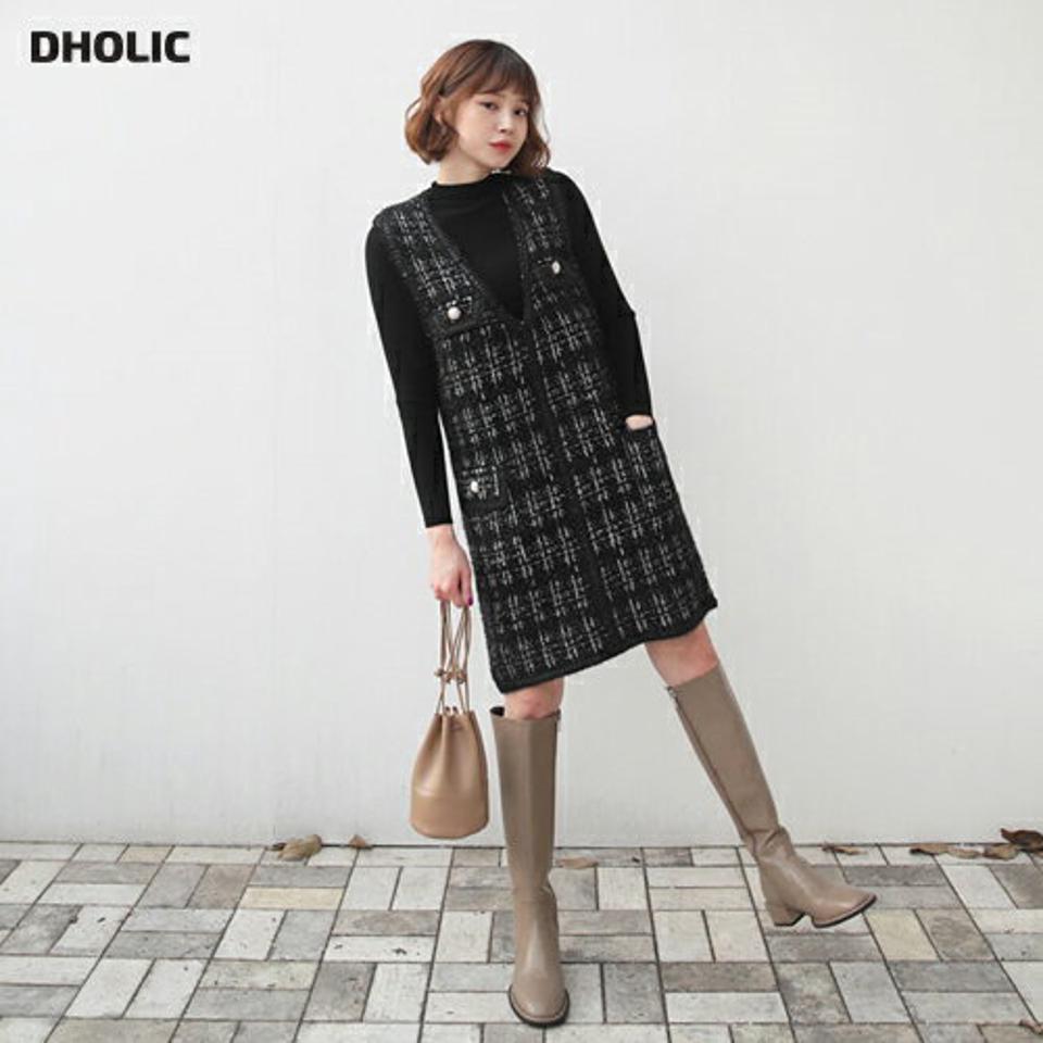 ニット&ツイード調ワンピースSET・全3色・b62502 レディース 【ops】【韓国 ファッション セットアップ 長袖 ニット ツイード調 SET ハーフネック スリム フィット リブ ワンピース Vネック スリーブレス ミディ丈 カジュアル 秋 冬】