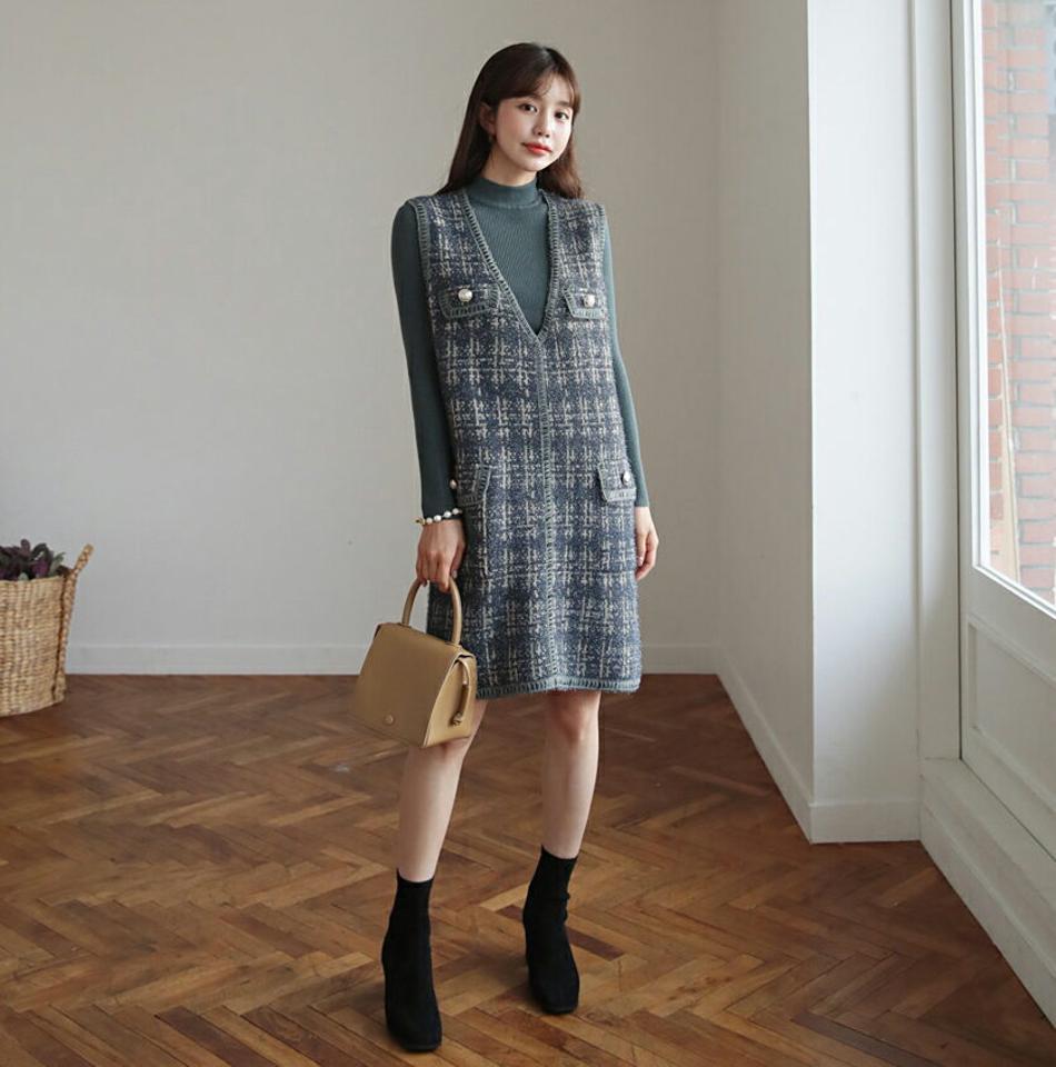 ニット&ツイード調ワンピースSET・全3色・b62502 レディース 【ops】【韓国 ファッション セットアップ 長袖 ニット ツイード調 SET ハーフネック スリム フィット リブ ワンピース Vネック スリーブレス ミディ丈 カジュアル 秋 冬】