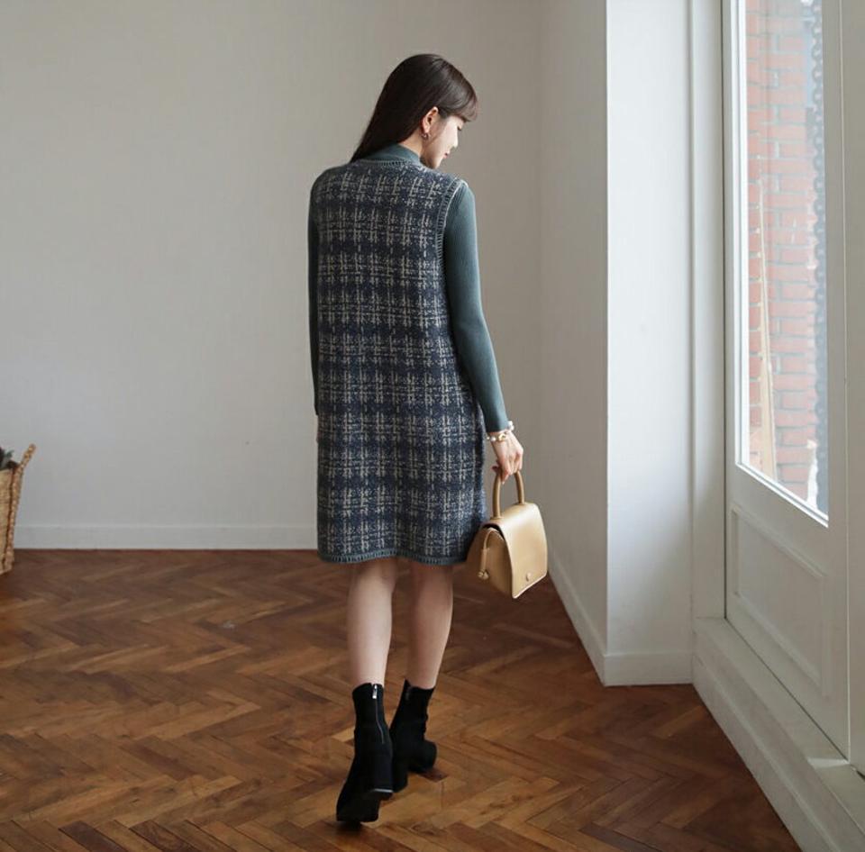 ニット&ツイード調ワンピースSET・全3色・b62502 レディース 【ops】【韓国 ファッション セットアップ 長袖 ニット ツイード調 SET ハーフネック スリム フィット リブ ワンピース Vネック スリーブレス ミディ丈 カジュアル 秋 冬】