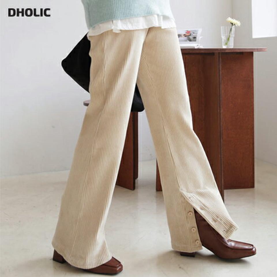 ボタンヘムリブパンツ・全2色・t62537 レディース 【pt】【韓国 ファッション ボトムス パンツ ロング ロングパンツ ハイウエストパンツ ワイドパンツ 体型カバー ボタン リブパンツ ウエストゴム リブ ワイド ハイウエスト ボタン カジュアル 秋 冬】