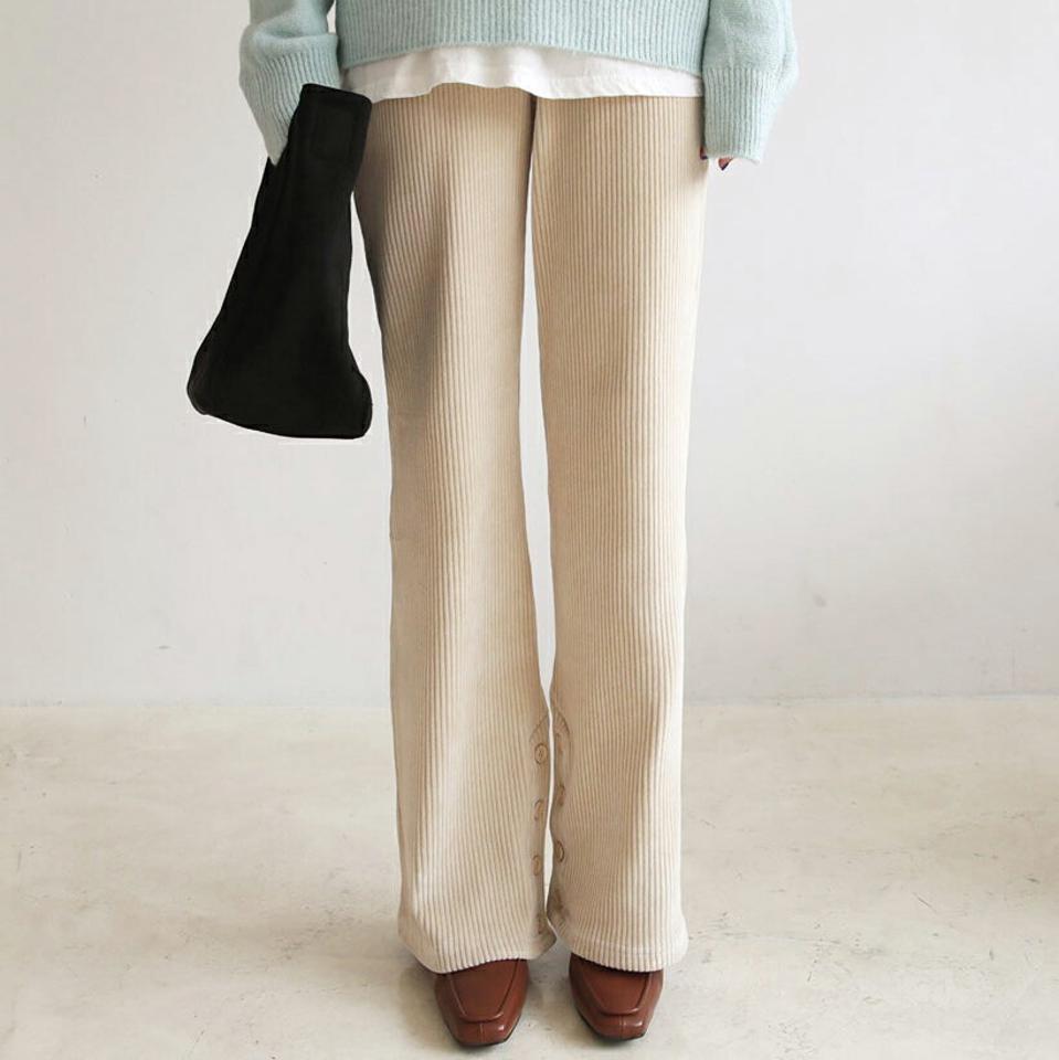 ボタンヘムリブパンツ・全2色・t62537 レディース 【pt】【韓国 ファッション ボトムス パンツ ロング ロングパンツ ハイウエストパンツ ワイドパンツ 体型カバー ボタン リブパンツ ウエストゴム リブ ワイド ハイウエスト ボタン カジュアル 秋 冬】