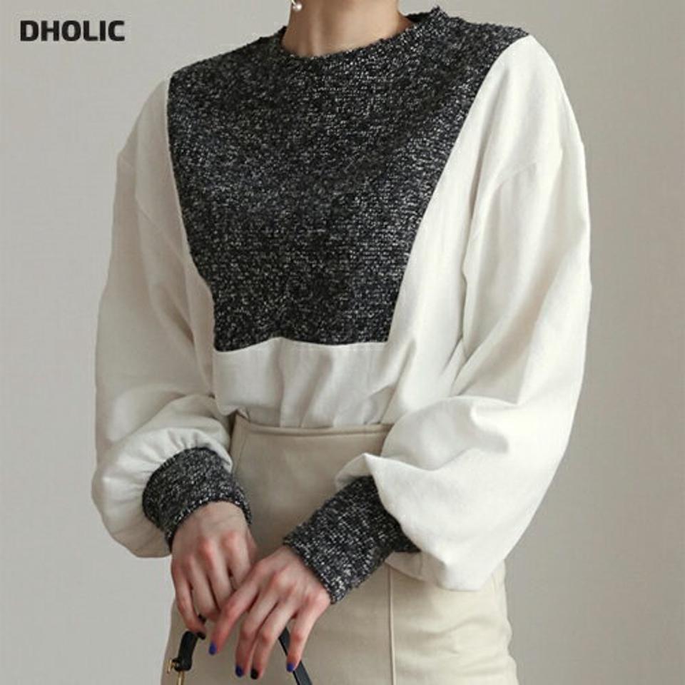 メランジコントラストTシャツ・全2色・b62524 レディース 【tops】【韓国 ファッション トップス Tシャツ 長袖 ラウンドネック メランジ ルーズ ゆったり コントラスト ぼわん袖 デイリー ベーシック メリハリ カジュアル 秋 冬】