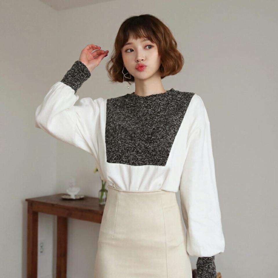 メランジコントラストTシャツ・全2色・b62524 レディース 【tops】【韓国 ファッション トップス Tシャツ 長袖 ラウンドネック メランジ ルーズ ゆったり コントラスト ぼわん袖 デイリー ベーシック メリハリ カジュアル 秋 冬】