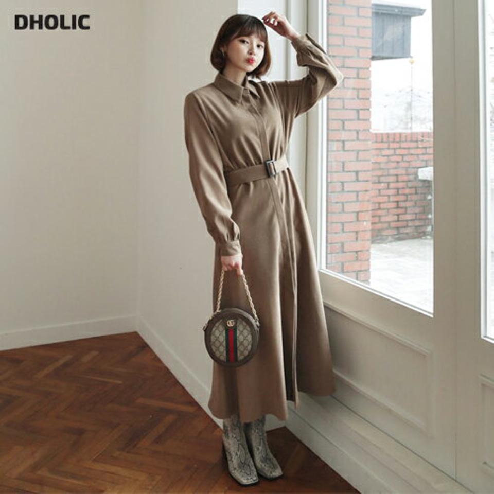 ベルト付カラーワンピース・全2色・b62554 レディース 【ops】【韓国 ファッション ワンピース ロング ロングワンピス 長袖 カラーネック ベルト付 カラーワンピース 体型カバー ウエストベルト フレア フレアワンピース デイリー カジュアル 秋 冬】