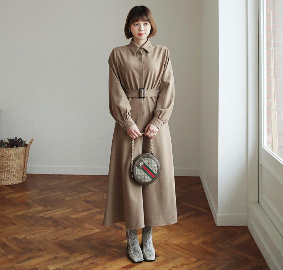 ベルト付カラーワンピース・全2色・b62554 レディース 【ops】【韓国 ファッション ワンピース ロング ロングワンピス 長袖 カラーネック ベルト付 カラーワンピース 体型カバー ウエストベルト フレア フレアワンピース デイリー カジュアル 秋 冬】