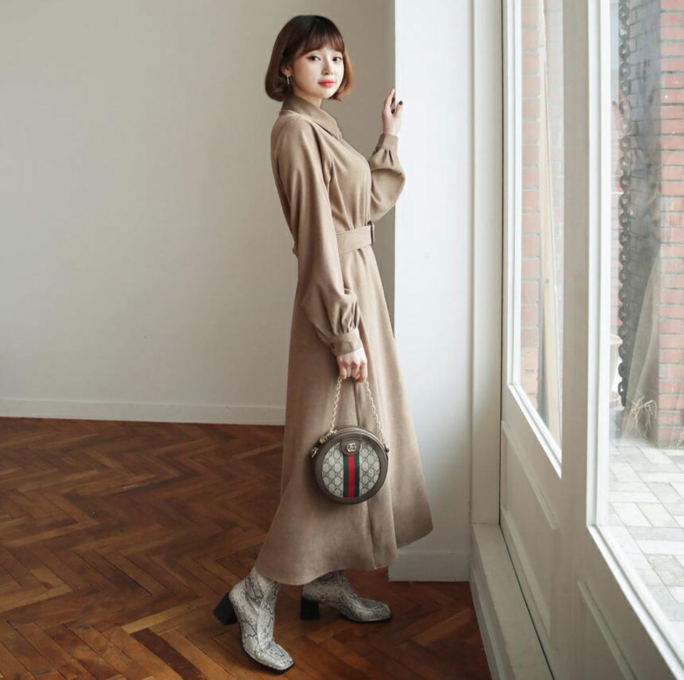 ベルト付カラーワンピース・全2色・b62554 レディース 【ops】【韓国 ファッション ワンピース ロング ロングワンピス 長袖 カラーネック ベルト付 カラーワンピース 体型カバー ウエストベルト フレア フレアワンピース デイリー カジュアル 秋 冬】