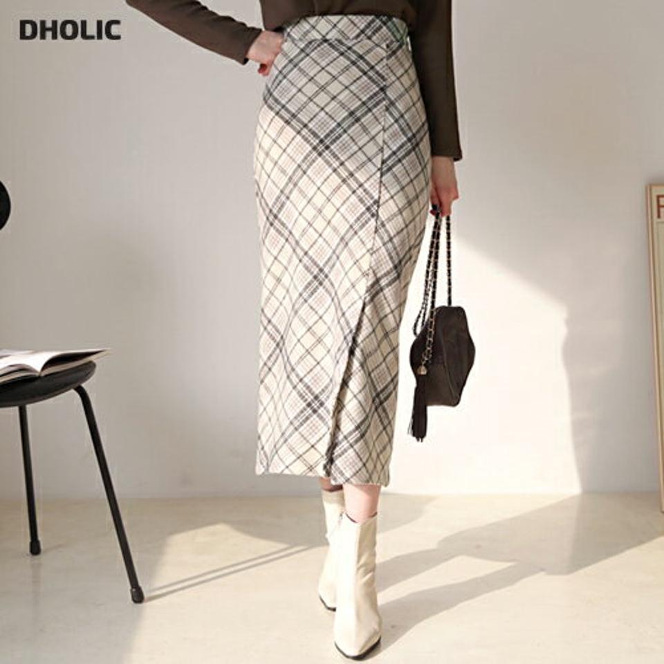 チェックスリットスカート・全3色・t62506 レディース 【sk】【韓国 ファッション ボトムス スカート ロング ロングカート チェック スリット スカート バックゴム サイドファスナー スリム フィット Aライン やわらかい カジュアル 秋 冬】