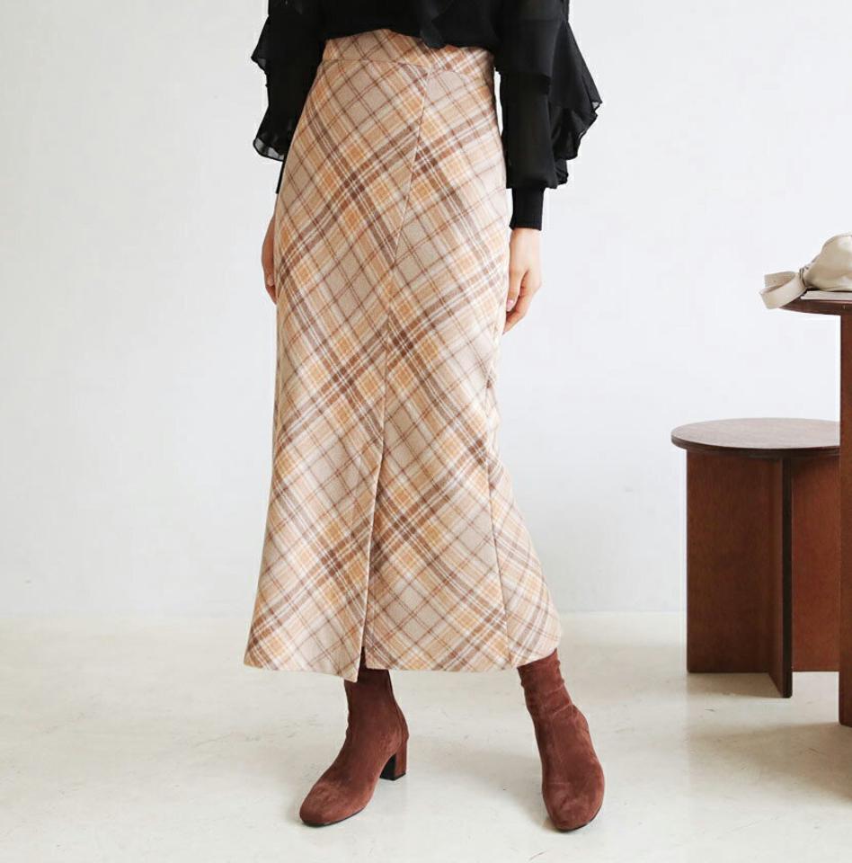 チェックスリットスカート・全3色・t62506 レディース 【sk】【韓国 ファッション ボトムス スカート ロング ロングカート チェック スリット スカート バックゴム サイドファスナー スリム フィット Aライン やわらかい カジュアル 秋 冬】