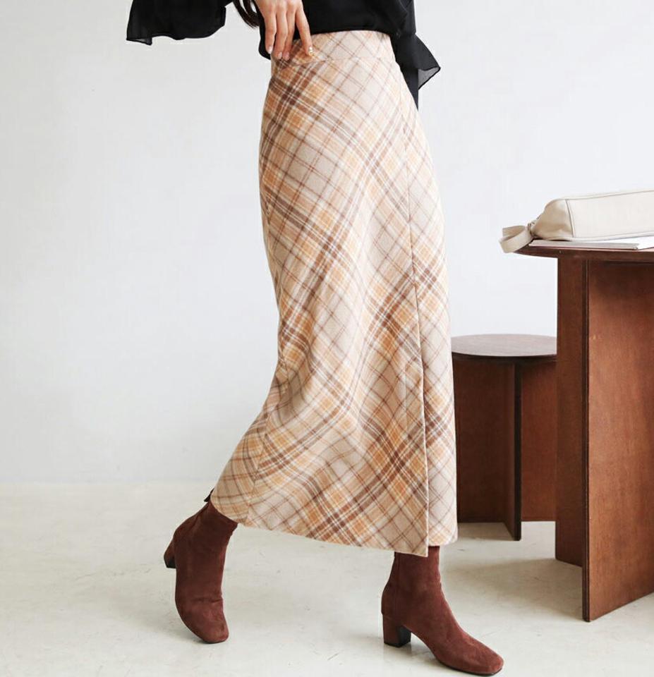 チェックスリットスカート・全3色・t62506 レディース 【sk】【韓国 ファッション ボトムス スカート ロング ロングカート チェック スリット スカート バックゴム サイドファスナー スリム フィット Aライン やわらかい カジュアル 秋 冬】