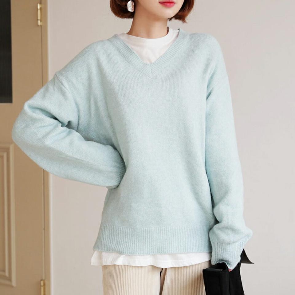 Vネックルーズニット・全4色・b62538 レディース 【tops】【韓国 ファッション トップス ニット 長袖 Vネック ルーズ ゆったり ドロップショルダー フェイスライン デイリー 無地 ベーシック カジュアル 秋 冬】