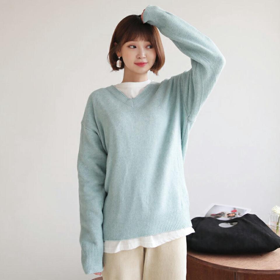 Vネックルーズニット・全4色・b62538 レディース 【tops】【韓国 ファッション トップス ニット 長袖 Vネック ルーズ ゆったり ドロップショルダー フェイスライン デイリー 無地 ベーシック カジュアル 秋 冬】