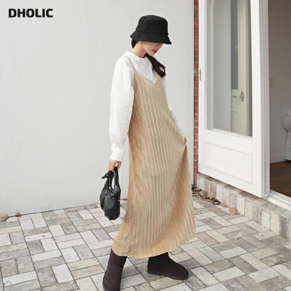 ベロアスリーブレスワンピース・全5色・t62497 レディース 【ops】【韓国 ファッション ワンピース ロング ロングワンピス ベロア スリーブレス キャミ キャミソール プリーツ 体型カバー デイリー ベーシック シンプル カジュアル 秋 冬】