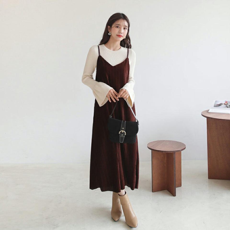 ベロアスリーブレスワンピース・全5色・t62497 レディース 【ops】【韓国 ファッション ワンピース ロング ロングワンピス ベロア スリーブレス キャミ キャミソール プリーツ 体型カバー デイリー ベーシック シンプル カジュアル 秋 冬】