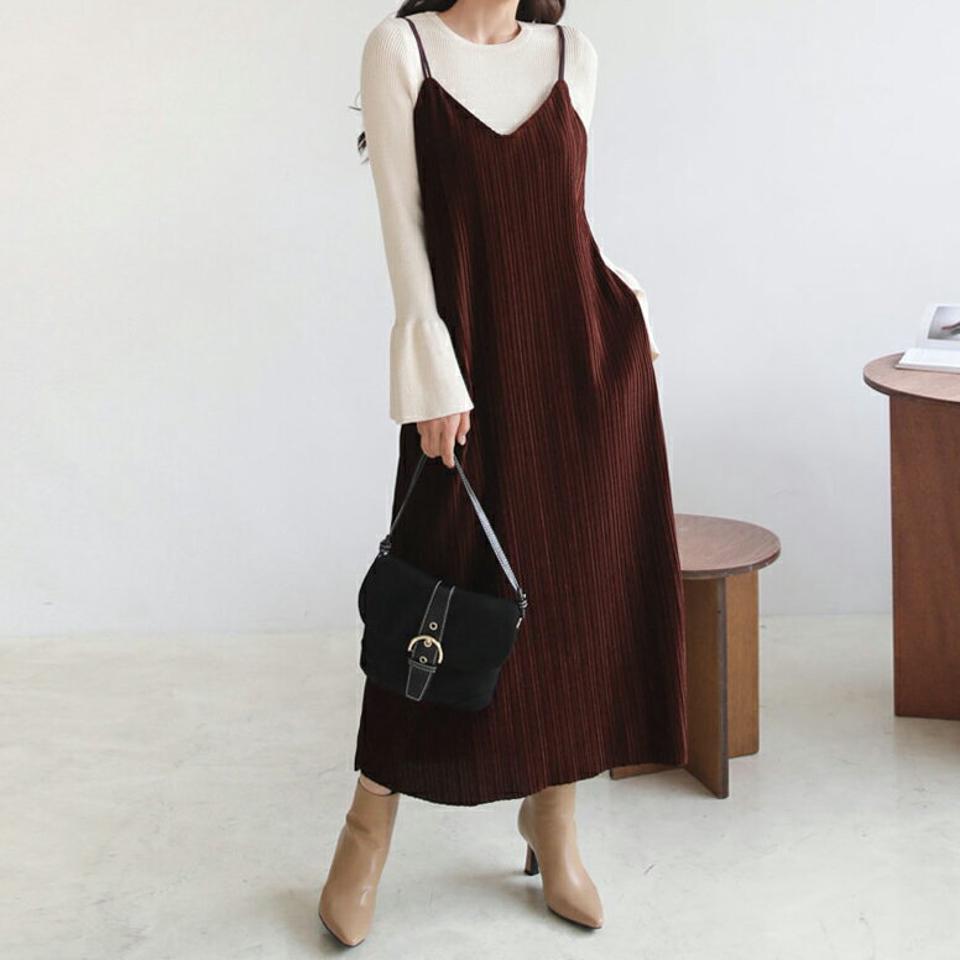 ベロアスリーブレスワンピース・全5色・t62497 レディース 【ops】【韓国 ファッション ワンピース ロング ロングワンピス ベロア スリーブレス キャミ キャミソール プリーツ 体型カバー デイリー ベーシック シンプル カジュアル 秋 冬】