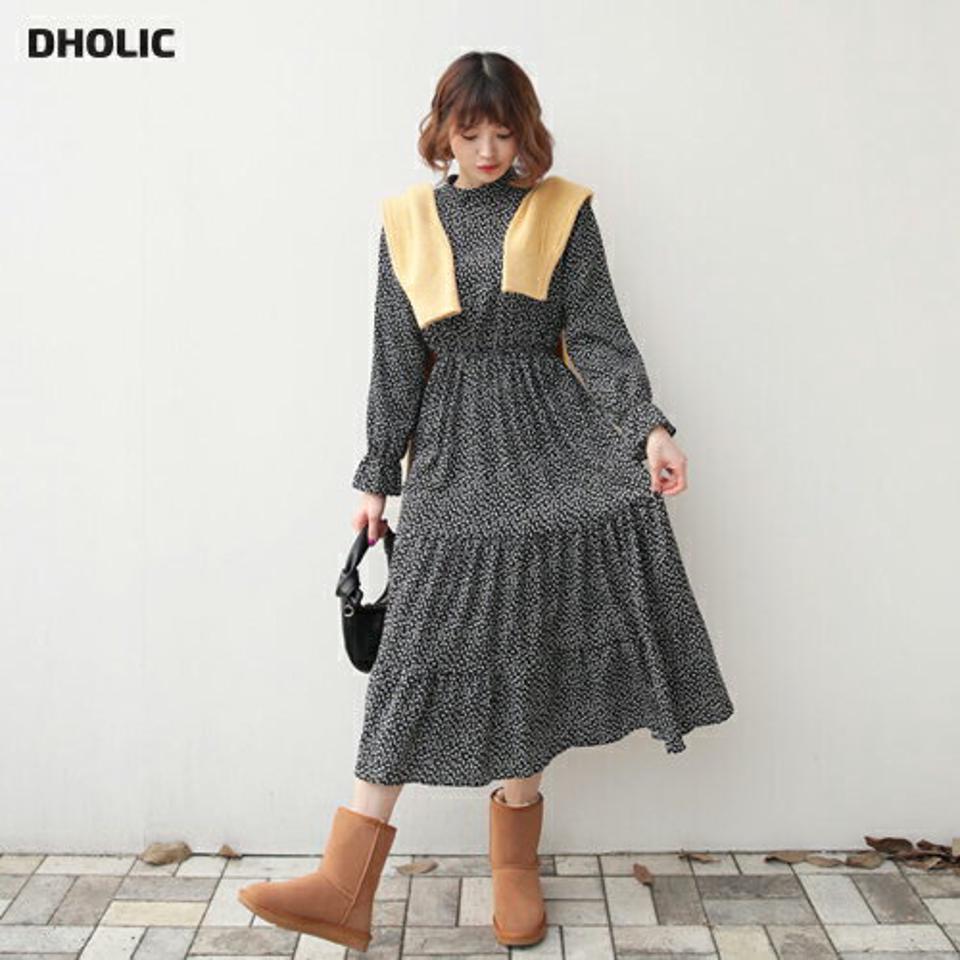 ハーフネック花柄ワンピース・全3色・t62549 レディース 【ops】【韓国 ファッション ワンピース ロング ロングワンピス ハーフネック 花柄 フラワー バックファスナー ハイネック ウエストゴム ギャザー カジュアル 秋 冬】