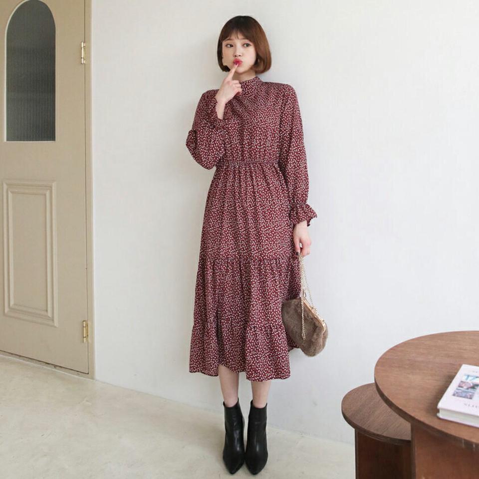 ハーフネック花柄ワンピース・全3色・t62549 レディース 【ops】【韓国 ファッション ワンピース ロング ロングワンピス ハーフネック 花柄 フラワー バックファスナー ハイネック ウエストゴム ギャザー カジュアル 秋 冬】