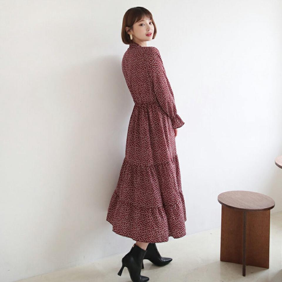 ハーフネック花柄ワンピース・全3色・t62549 レディース 【ops】【韓国 ファッション ワンピース ロング ロングワンピス ハーフネック 花柄 フラワー バックファスナー ハイネック ウエストゴム ギャザー カジュアル 秋 冬】