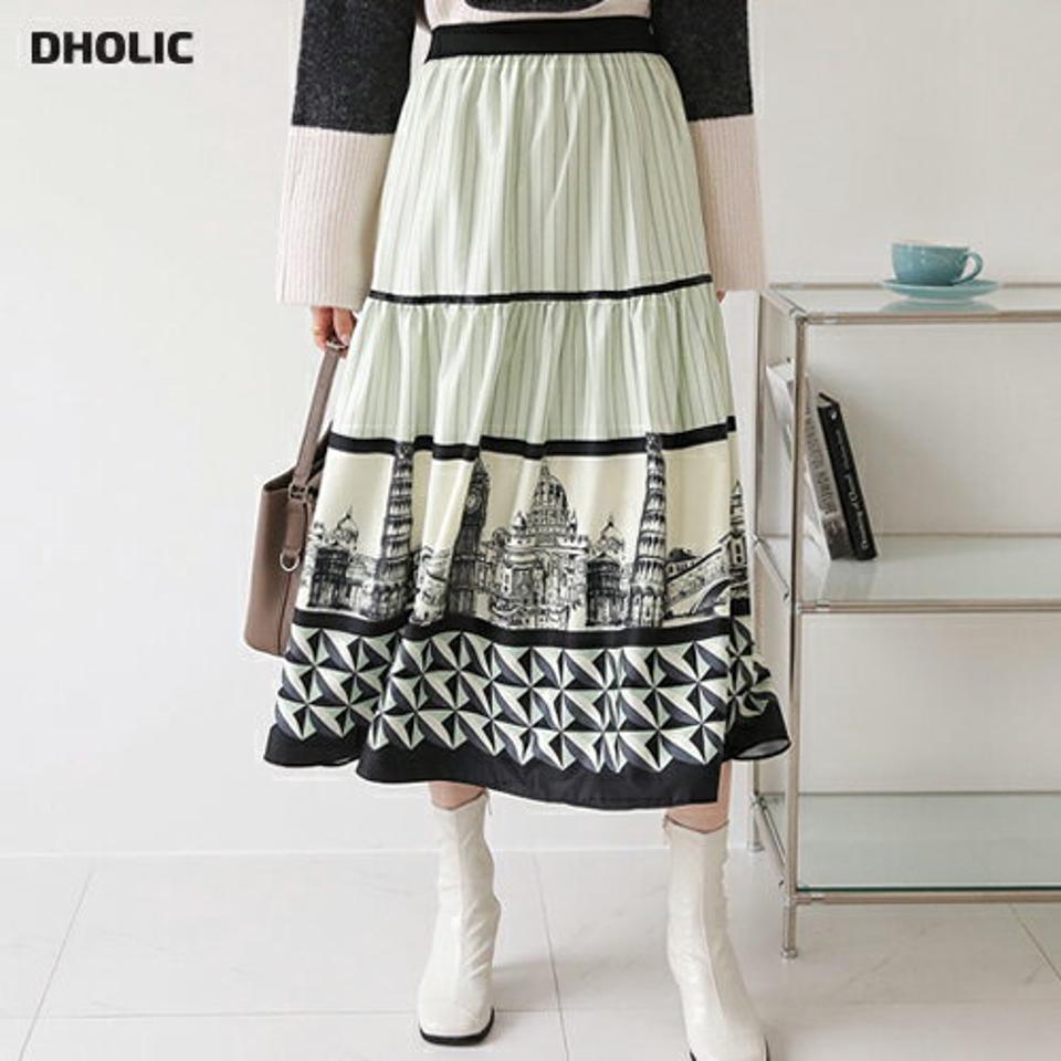プリントへムスカート・全2色・b66081 レディース 【sk】【スカート ロング ロングスカート プリント 柄 ウエストゴム フレア フレアスカート モダン 秋 冬 韓国 ファッション】【ハイホリHIHOLLI】