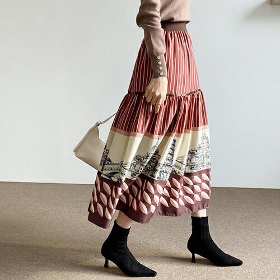 プリントへムスカート・全2色・b66081 レディース 【sk】【スカート ロング ロングスカート プリント 柄 ウエストゴム フレア フレアスカート モダン 秋 冬 韓国 ファッション】【ハイホリHIHOLLI】