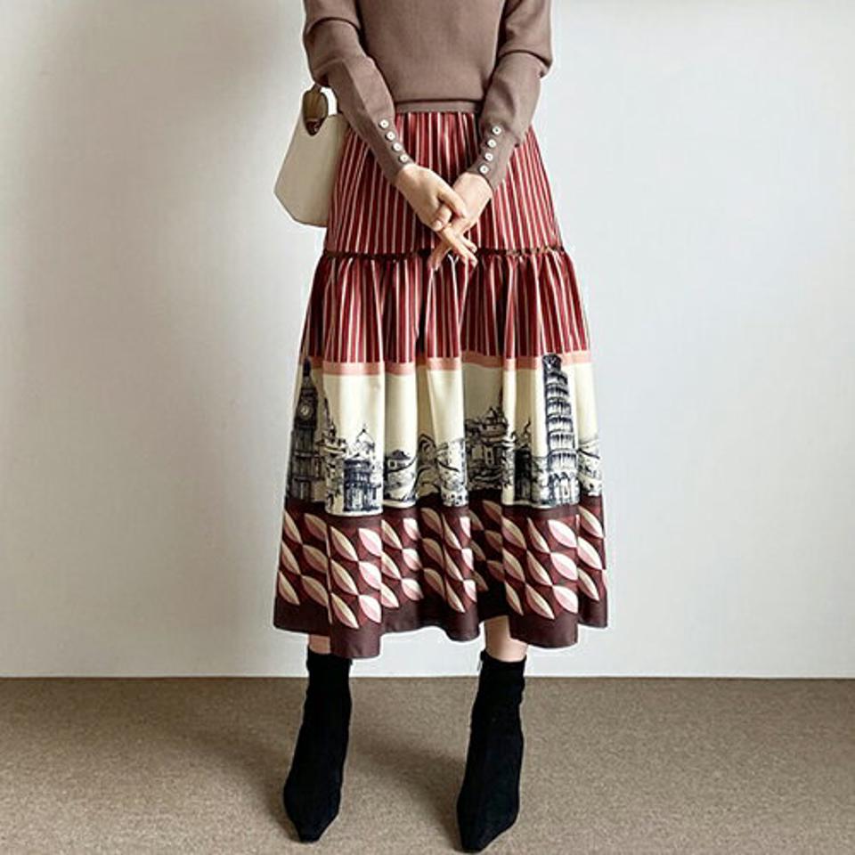 プリントへムスカート・全2色・b66081 レディース 【sk】【スカート ロング ロングスカート プリント 柄 ウエストゴム フレア フレアスカート モダン 秋 冬 韓国 ファッション】【ハイホリHIHOLLI】