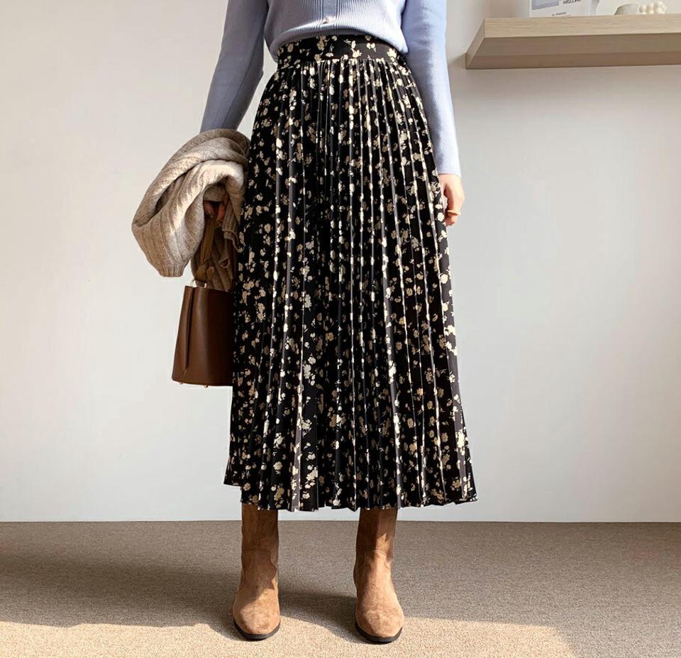 フラワープリントプリーツスカート・全2色・t66083 レディース 【sk】【スカート ロング ロングスカート プリーツ プリーツスカート 花柄 フラワー シック 大人 韓国 ファッション】【ハイホリHIHOLLI】