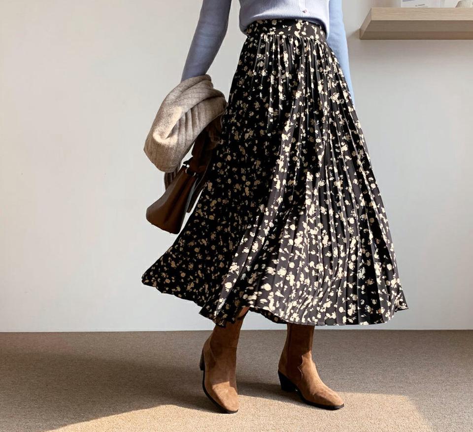 フラワープリントプリーツスカート・全2色・t66083 レディース 【sk】【スカート ロング ロングスカート プリーツ プリーツスカート 花柄 フラワー シック 大人 韓国 ファッション】【ハイホリHIHOLLI】