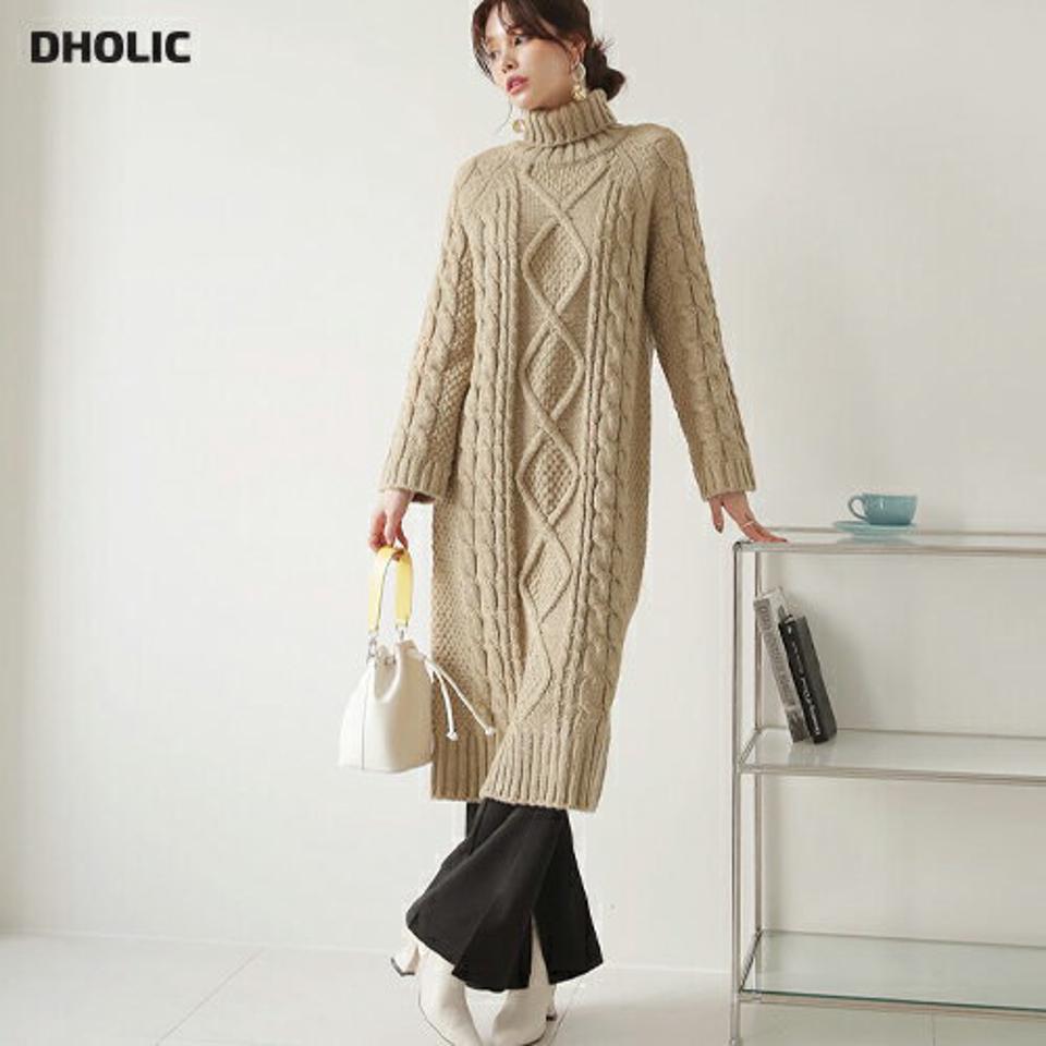 タートルツイストニットワンピース・全3色・t66059 レディース 【ops】【ワンピース ニット ニットワンピース 長袖 ツイスト ツイストニット タートル タートルネック カジュアル 秋 冬 韓国 ファッション】【ハイホリHIHOLLI】