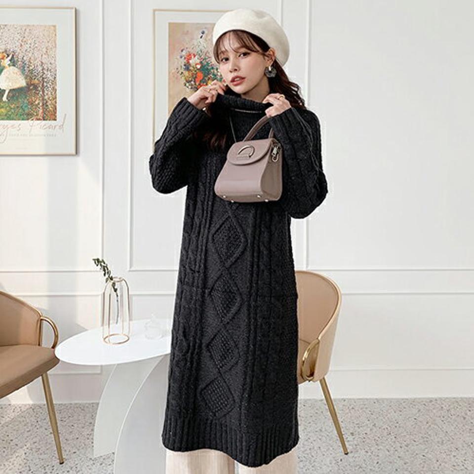 タートルツイストニットワンピース・全3色・t66059 レディース 【ops】【ワンピース ニット ニットワンピース 長袖 ツイスト ツイストニット タートル タートルネック カジュアル 秋 冬 韓国 ファッション】【ハイホリHIHOLLI】