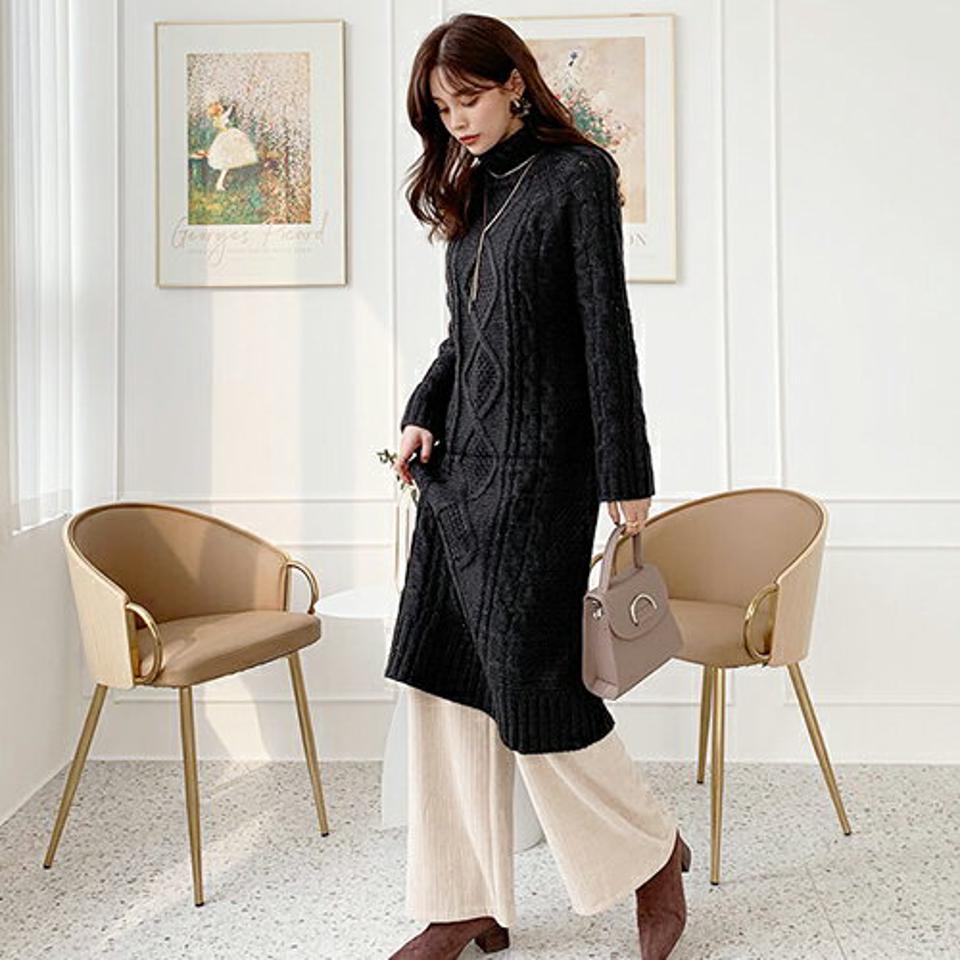 タートルツイストニットワンピース・全3色・t66059 レディース 【ops】【ワンピース ニット ニットワンピース 長袖 ツイスト ツイストニット タートル タートルネック カジュアル 秋 冬 韓国 ファッション】【ハイホリHIHOLLI】