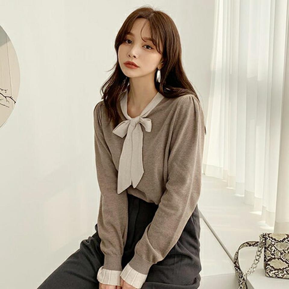 配色リボンニット・全5色・b66057 レディース 【tops】【トップス ニット ニットトップス 長袖 リボン りぼん 配色 可愛い かわいい フェミニン 秋 冬 韓国 ファッション】【ハイホリHIHOLLI】