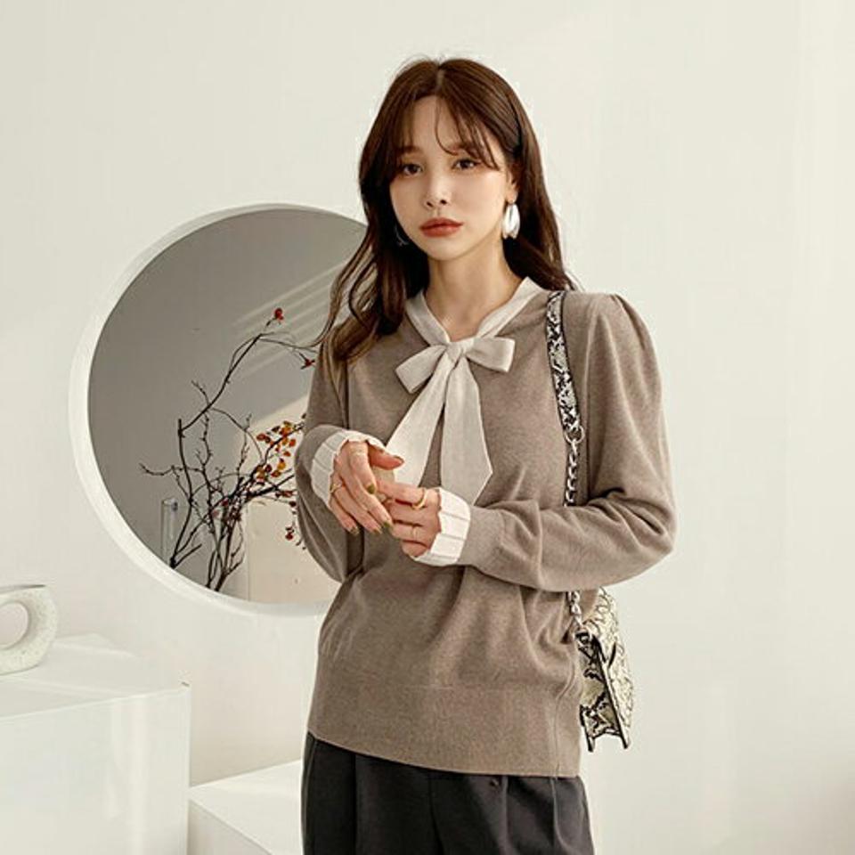 配色リボンニット・全5色・b66057 レディース 【tops】【トップス ニット ニットトップス 長袖 リボン りぼん 配色 可愛い かわいい フェミニン 秋 冬 韓国 ファッション】【ハイホリHIHOLLI】