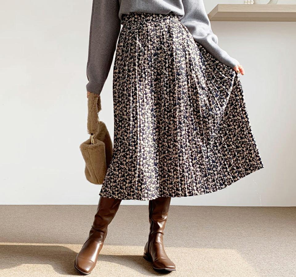 フラワープリーツスカート・全3色・b66077 レディース 【sk】【スカート ロング ロングスカート プリーツ プリーツスカート 花柄 フラワー 可愛い かわいい 揺れ感 フェミニン 秋 冬 韓国 ファッション】【ハイホリHIHOLLI】