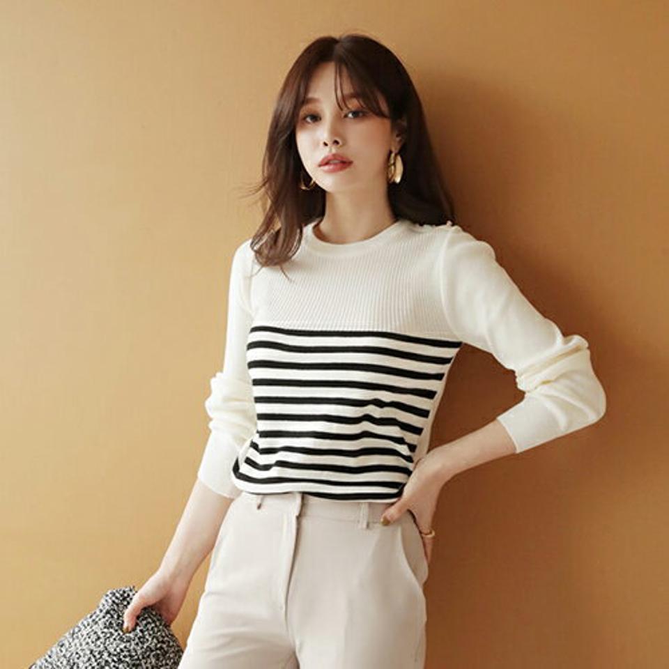 ボタンボーダーリブニット・全3色・b66076 レディース 【tops】【トップス ニット ニットトップス リブ リブニット 長袖 ボーダー柄 カジュアル ラフ 秋 冬 韓国 ファッション】【ハイホリHIHOLLI】