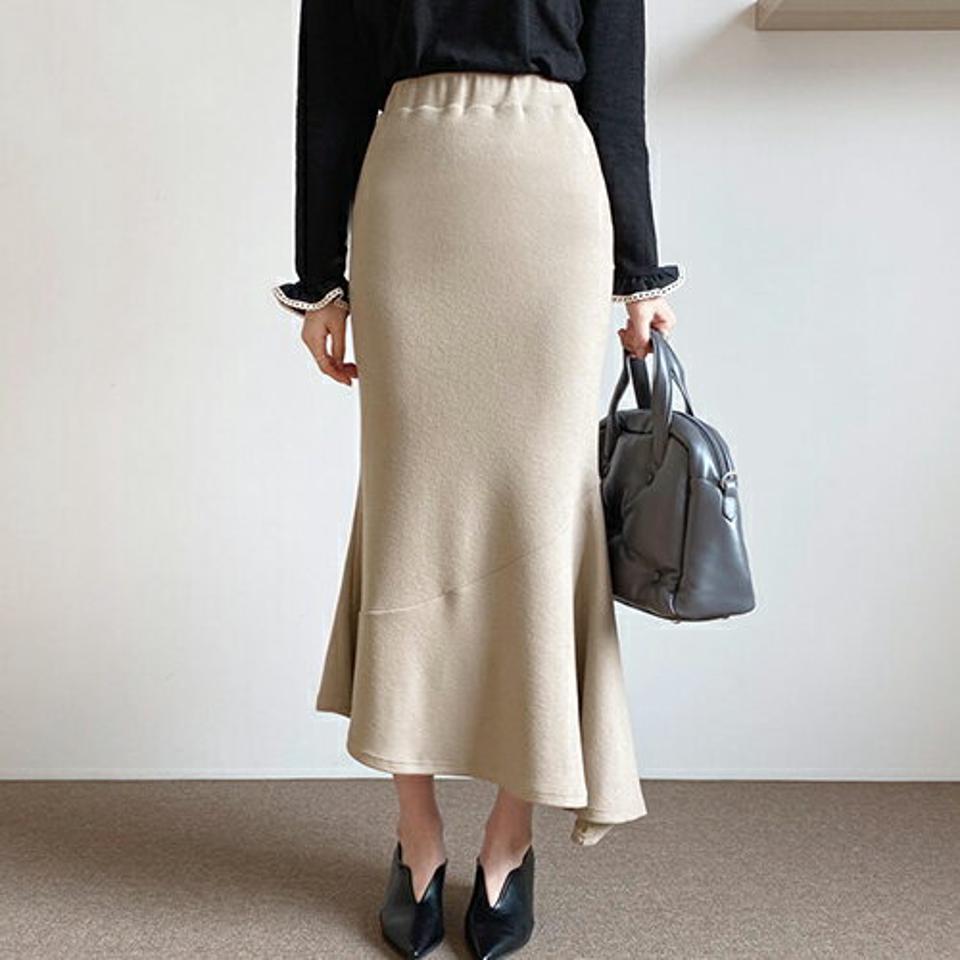 起毛マーメイドスカート・全3色・t66079 レディース 【sk】【スカート ロング ロングスカート マーメイド 起毛 ウエストゴム 単色 無地 アンバランス 上品 きれいめ 秋 冬 韓国 ファッション】【ハイホリHIHOLLI】