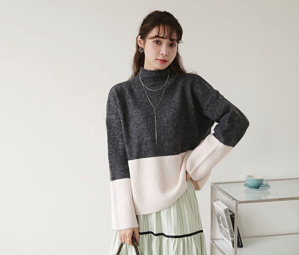 【マラソン特価】ハーフネックニット・全3色・b66064 レディース 【tops】【トップス ニット ニットトップス ハーフネック 長袖 ルーズ ゆったり ラフ カジュアル ハイネック リブ コントラスト 秋 冬 韓国 ファッション】【ハイホリHIHOLLI】