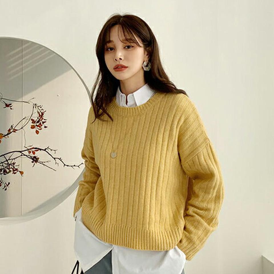 ラウンドリブニット・全4色・b66065 レディース 【tops】【トップス ニット ニットトップス リブ リブニット ラウンドネック 長袖 単色 無地 シンプル カジュアル ベーシック ウール 秋 冬 韓国 ファッション】【ハイホリHIHOLLI】